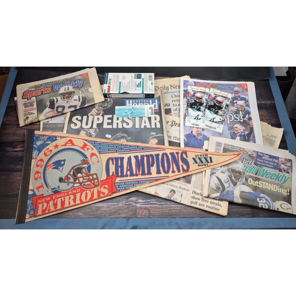 Patriots Fan Cave Father's Day Lot VTG 1996 Pennant Papers '03 Tickets Brady VHS